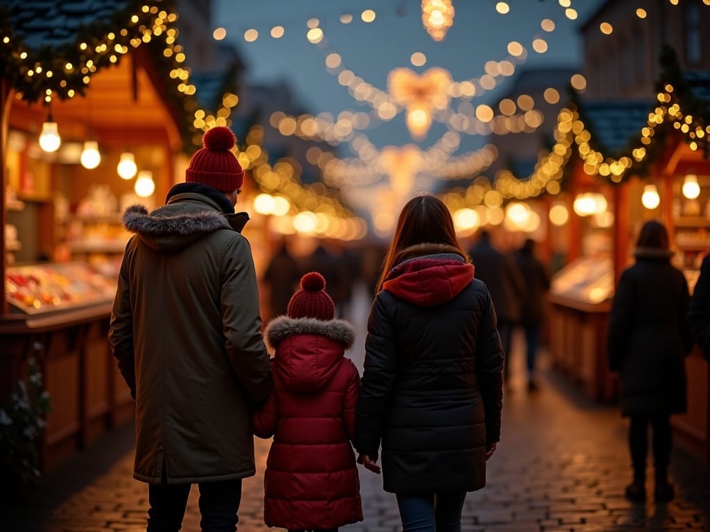 Vlaams gezin geniet van kerstlichtjes op buitensmarkt in VK tijdens avondbezoek
