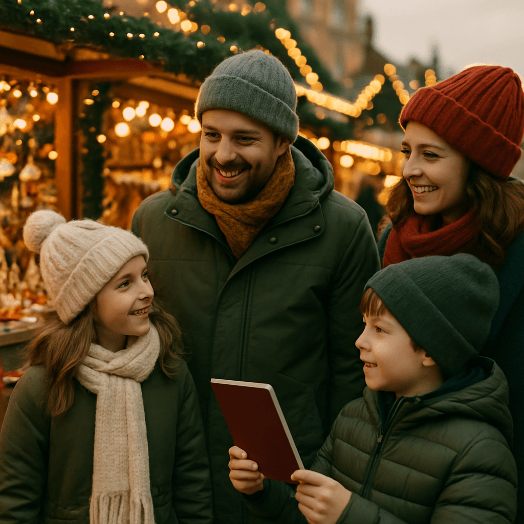 Belgisch gezin wandelt door feestelijke Britse kerstmarkt in de avond