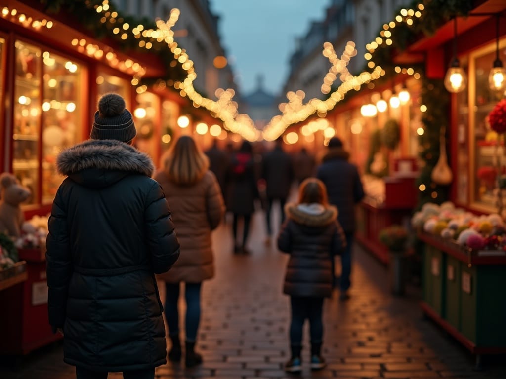 Belgisch gezin verkent Britse kerstmarkt bij avond, omringd door lichtjes en kraampjes in rood, groen en goud
