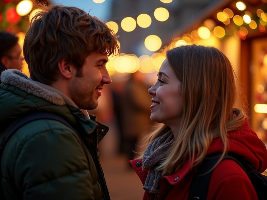Gezin bezoekt een Britse kerstmarkt vol lichtjes en kraampjes in de avond