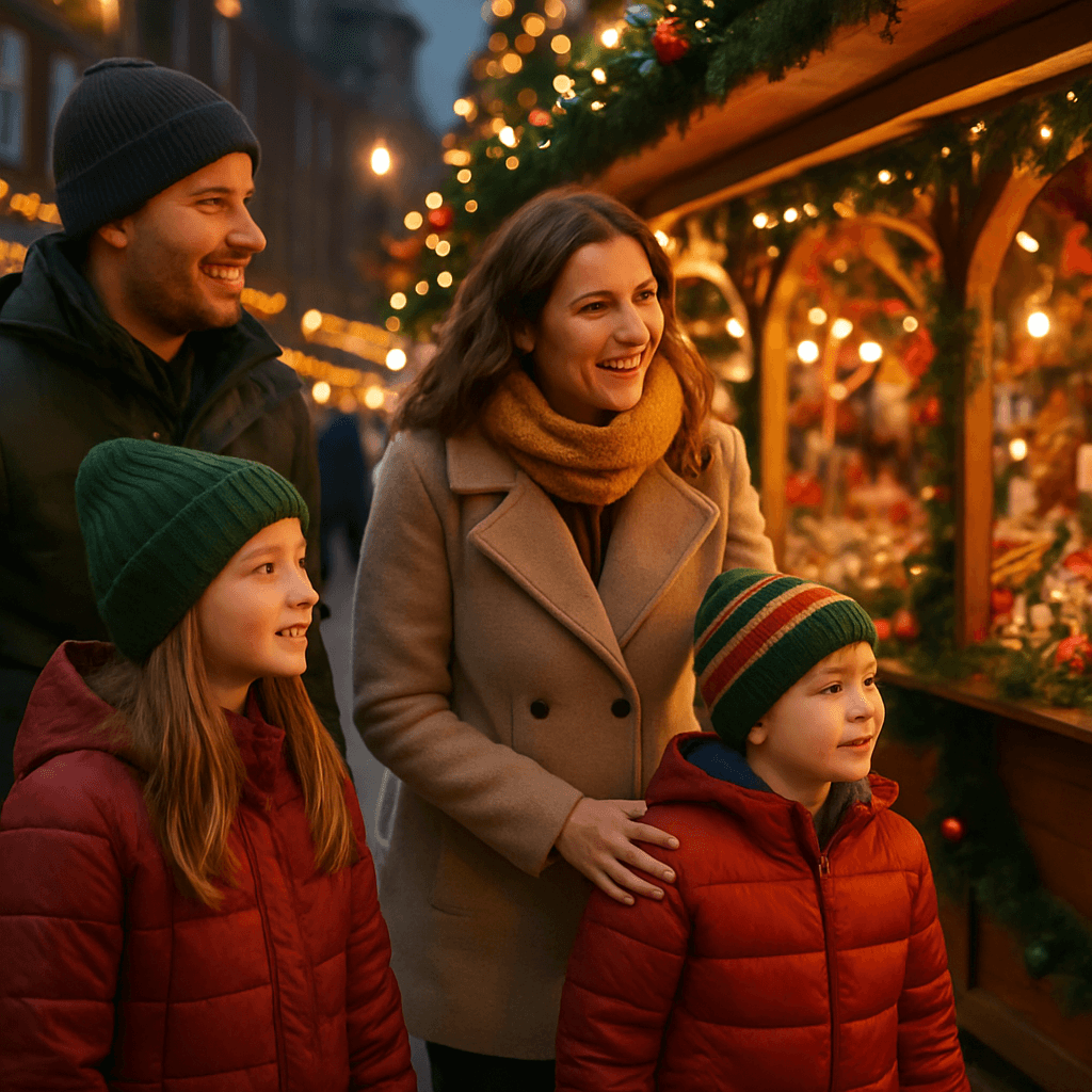 Vlaamse familie bezoekt kerstmarkt in VK met avondverlichting en feestelijke sfeer