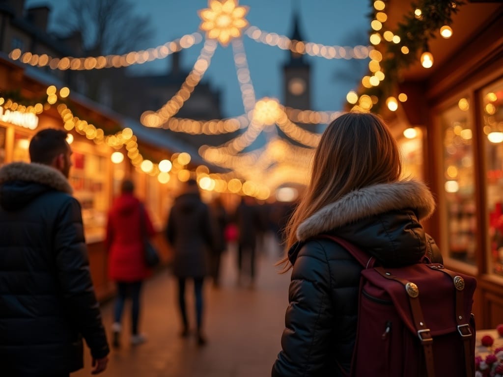 Vlaams gezin bezoekt Britse kerstmarkt met avondverlichting en feestelijke sfeer