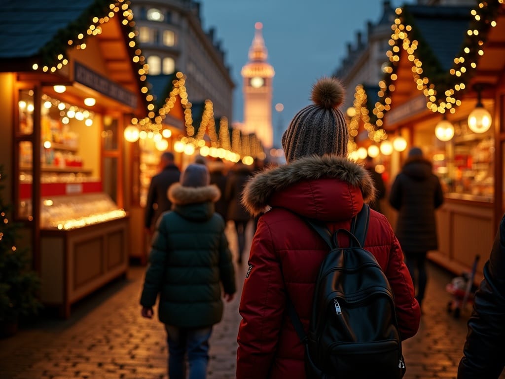Gezin bezoekt sfeervolle kerstmarkt in het VK bij avondlicht met feestverlichting