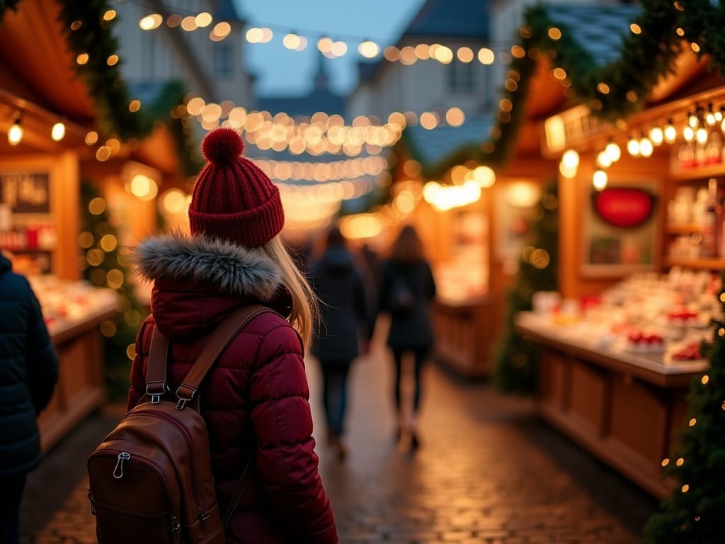Belgische familie bezoekt kerstmarkt in VK met feestverlichting 's avonds