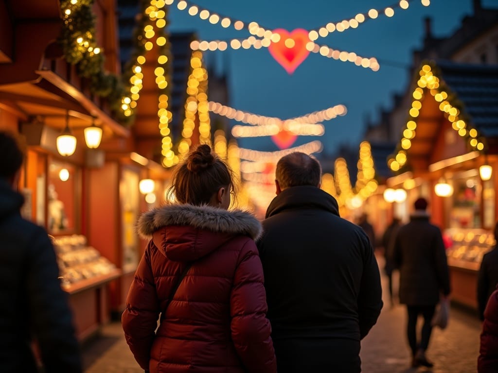 Belgische familie bezoekt Britse kerstmarkt met feestverlichting