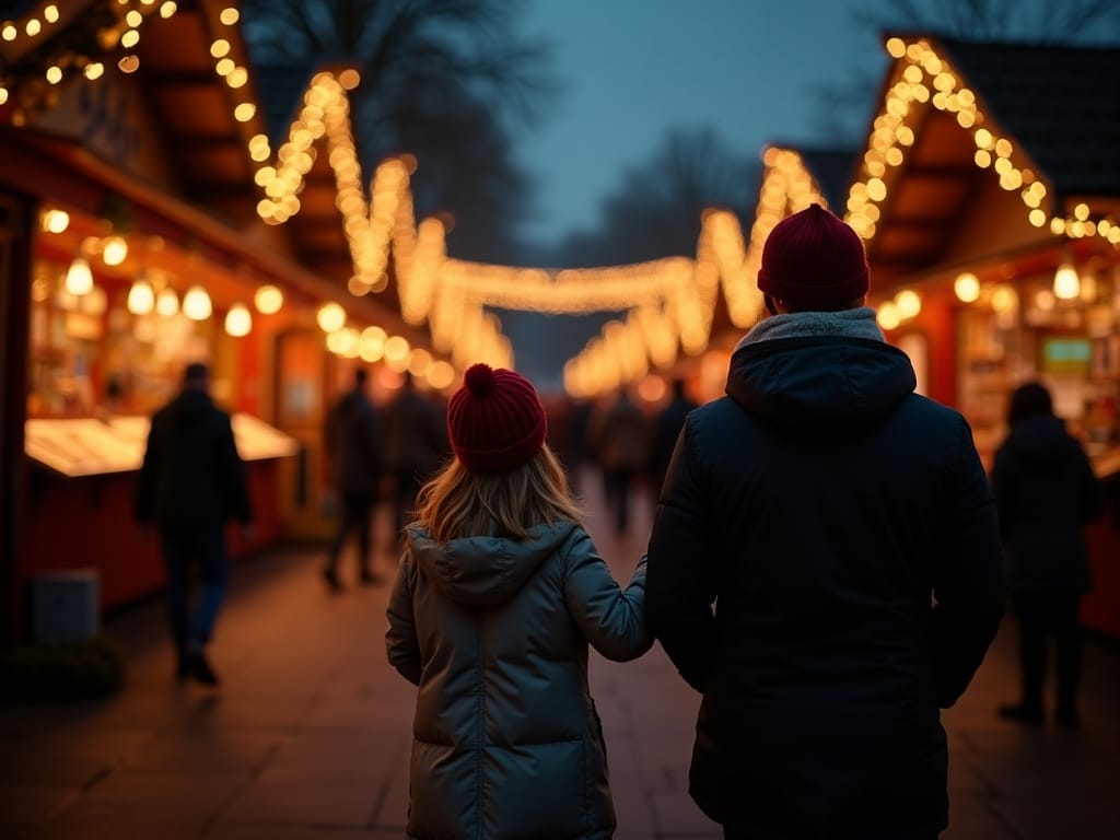 Vlaamse familie bezoekt 's avonds een kerstmarkt in Londen onder feestelijke verlichting