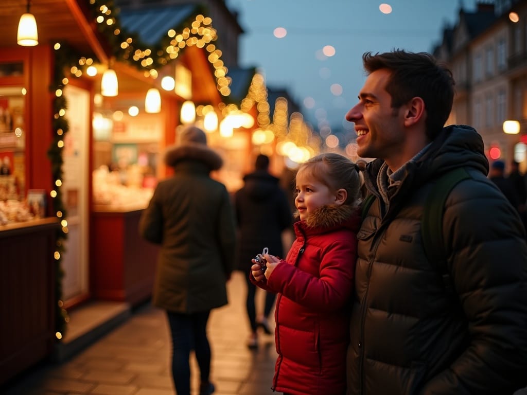 Vlaamse familie bezoekt Londense kerstmarkt met feestverlichting