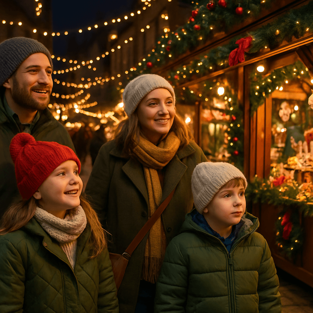 Vlaamse familie bezoekt kerstmarkt in VK met feestverlichting in avondlicht