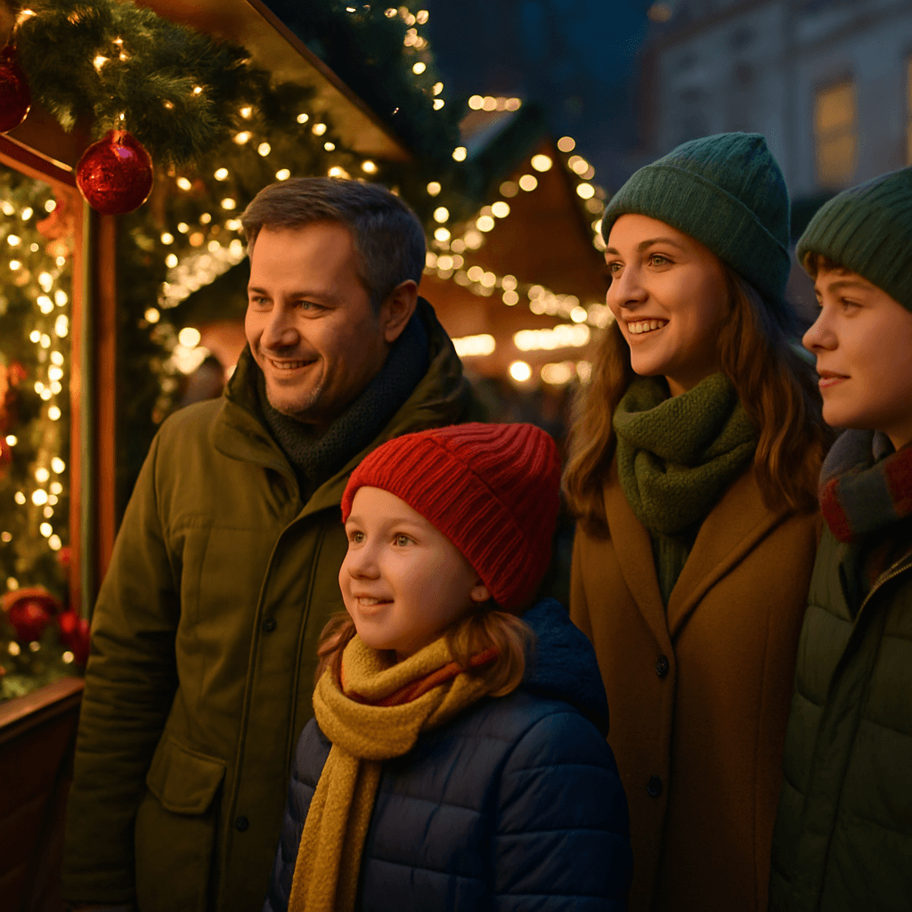 Vlaams gezin bezoekt sfeervolle kerstmarkt in het VK met lichtjes en kraampjes