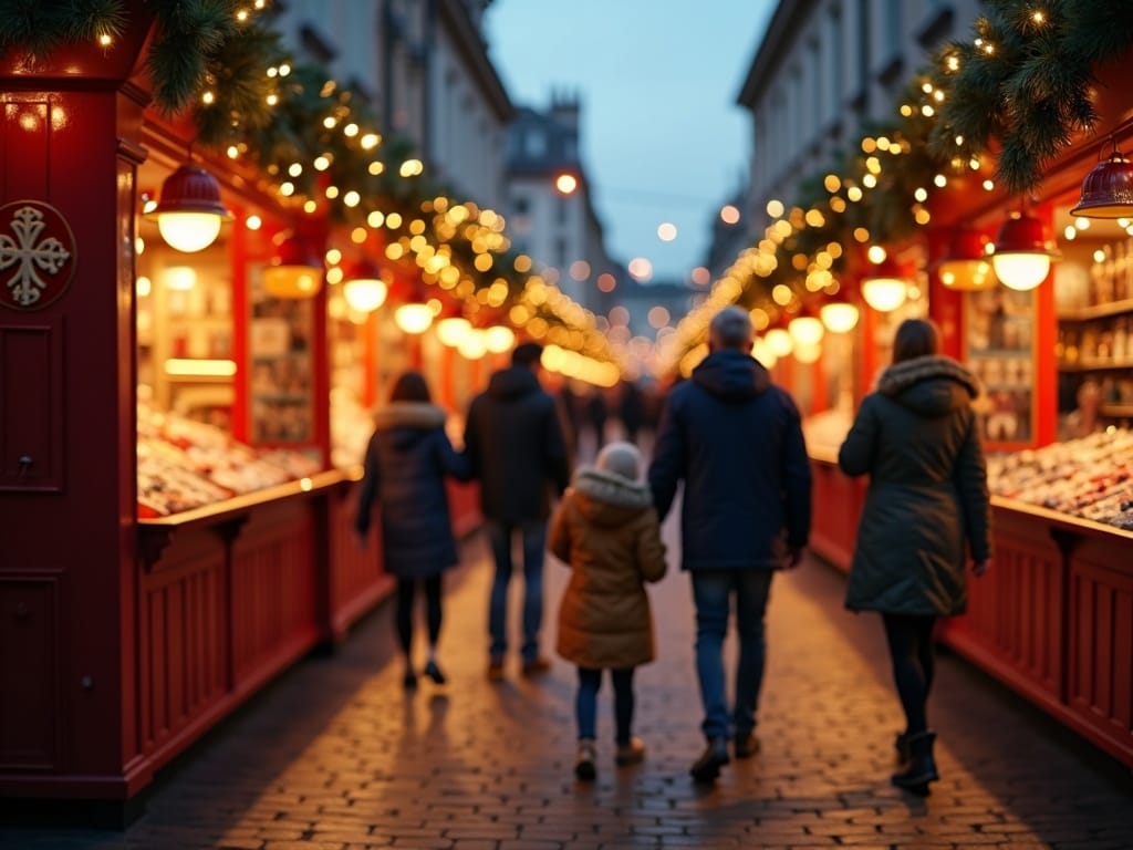 Vlaamse familie bezoekt kerstmarkt in het VK met feestverlichting