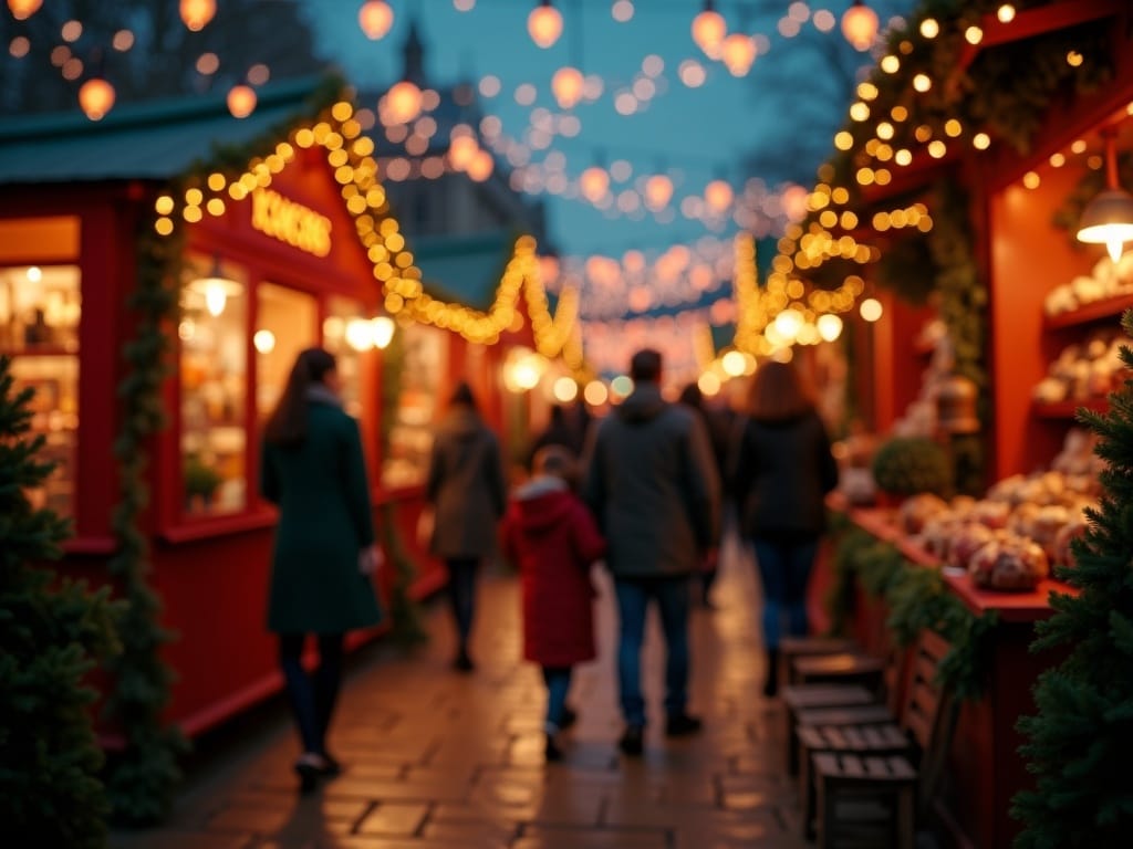 Vlaamse familie bezoekt kerstmarkt in het VK met feestverlichting en betaalt contactloos