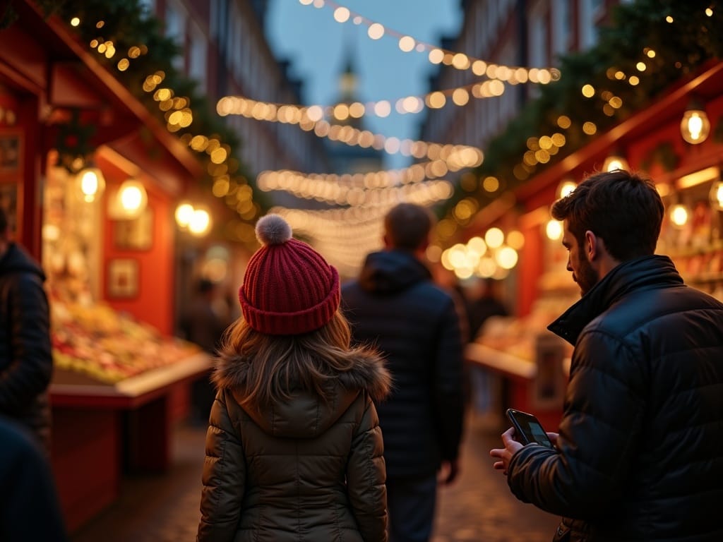 Vlaamse familie bezoekt Britse kerstmarkt met lichtjes en kramen