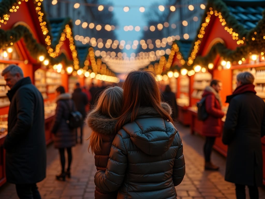 Belgisch gezin geniet van kerstmarkt in VK bij avondlicht met ETA
