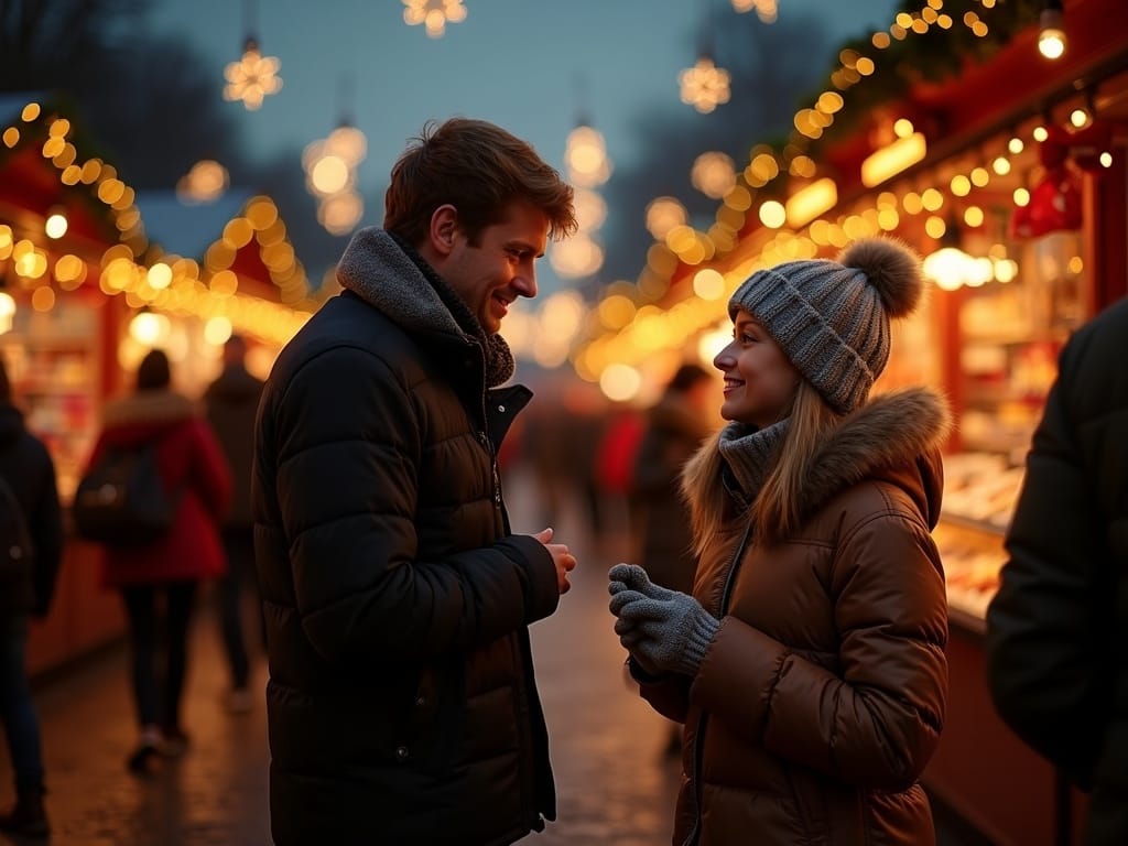Vlaamse familie bezoekt Britse kerstmarkt onder feestelijke verlichting