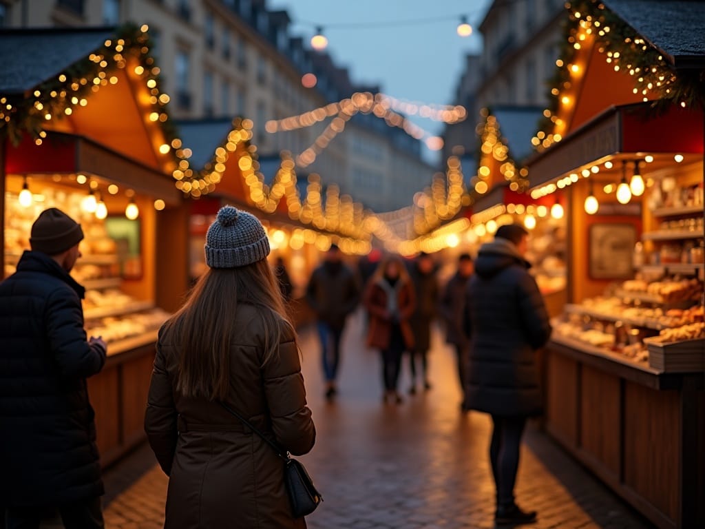 Familie bezoekt 's avonds een kerstmarkt in het VK met lichtjes en kraampjes