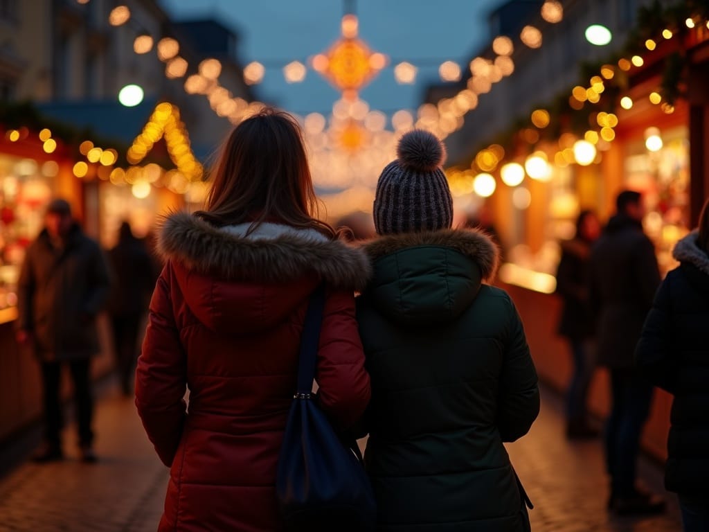 Gezin bezoekt een Britse kerstmarkt bij avondlicht vol feestverlichting