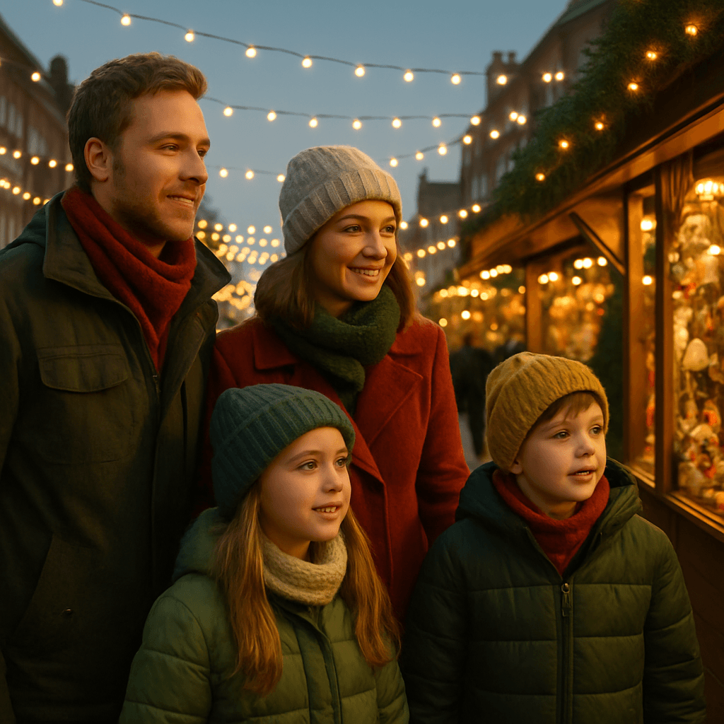 Belgisch gezin geniet van kerstmarkt in het Verenigd Koninkrijk in de avond