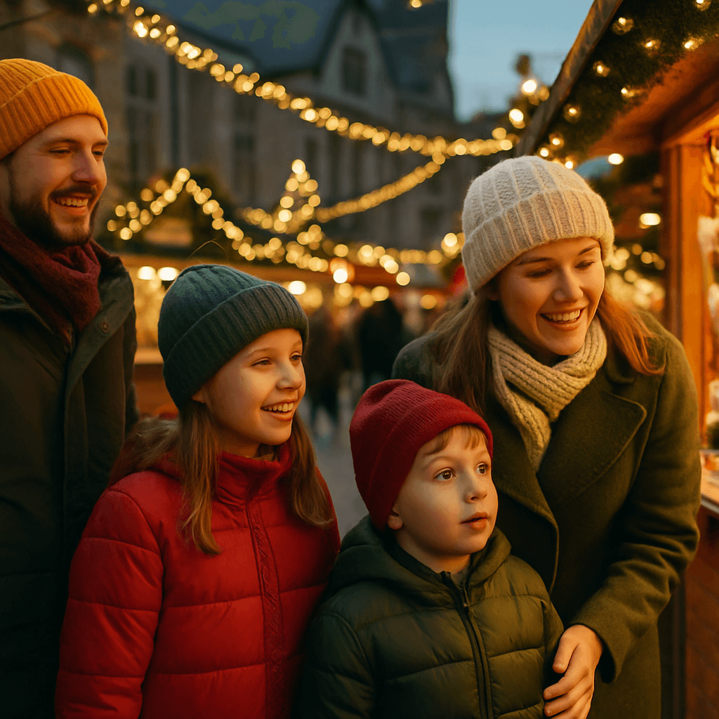 Vlaamse familie bezoekt een sfeervolle Britse kerstmarkt vol lichtjes en kraampjes