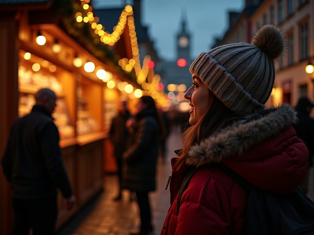 Vlaamse familie bezoekt een Britse kerstmarkt bij avond met feestverlichting