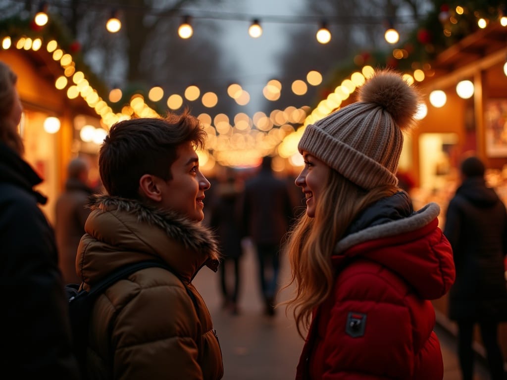 Vlaamse familie bezoekt 's avonds kerstmarkt in het VK met kleurrijke lichtjes