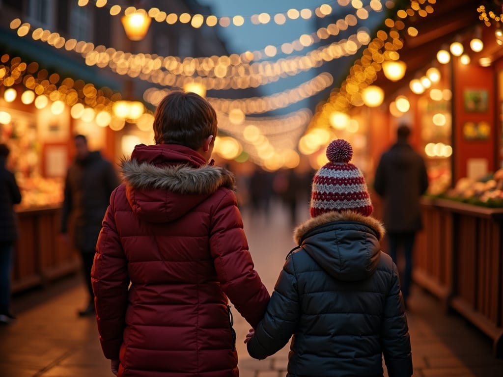 Vlaamse familie bezoekt Britse kerstmarkt met feestverlichting 's avonds