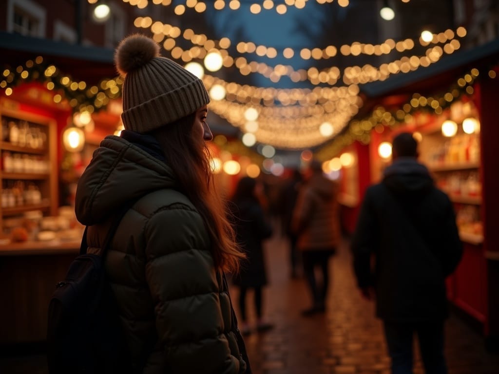 Vlaamse familie bezoekt een Britse kerstmarkt met feestverlichting in de avond