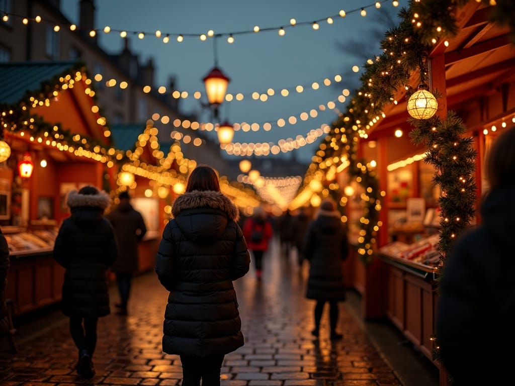 Vlaamse familie wandelt op een Britse kerstmarkt met feestverlichting in de avond