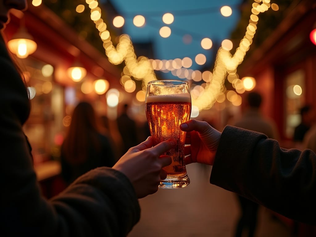 Vlaamse familie wandelt op een Britse kerstmarkt met feestelijke avondverlichting