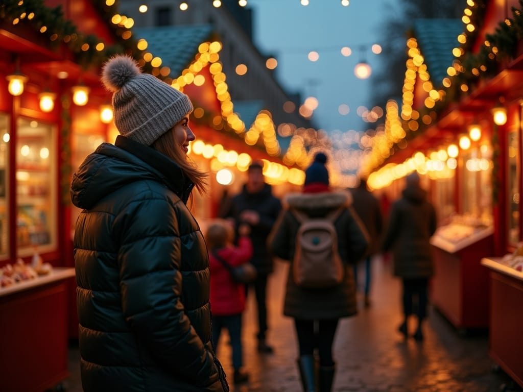 Gezin wandelt over een Britse kerstmarkt vol lichtjes en kerstversiering