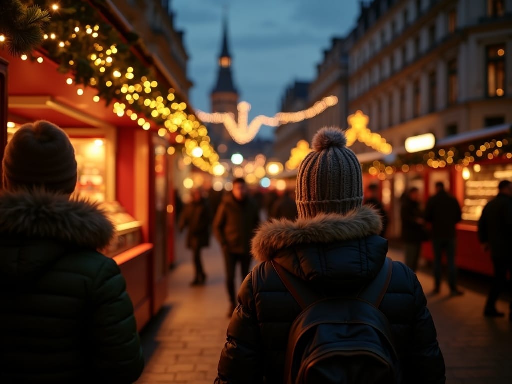 Vlaamse familie geniet van sfeervolle avond op een Britse kerstmarkt met lichtjes