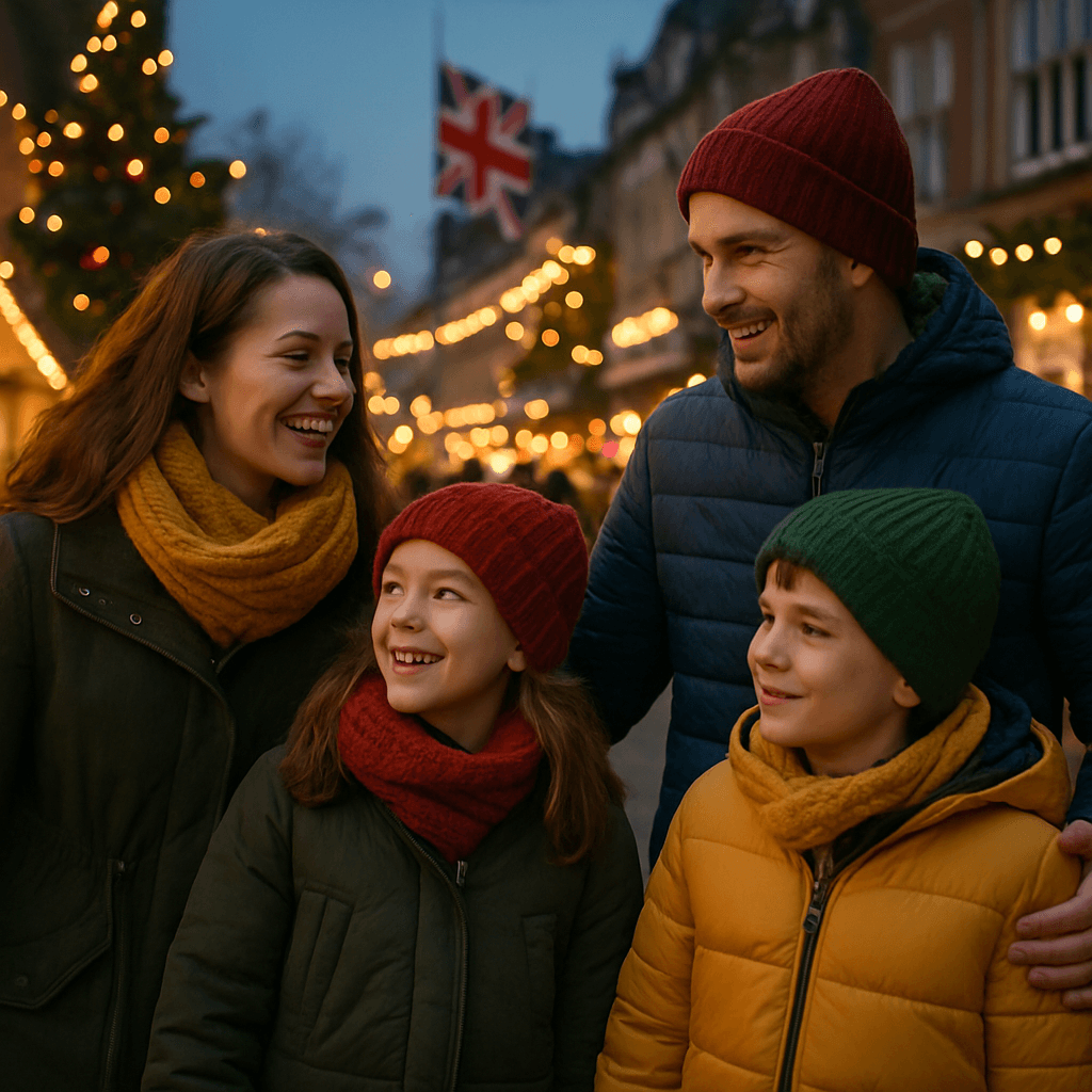 Vlaamse familie geniet van een Britse kerstmarkt bij avondlicht met kerstversiering