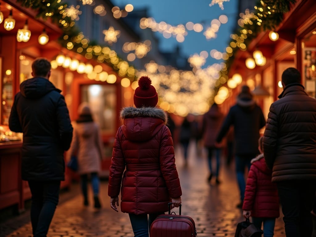 Gezin wandelt op kerstmarkt in het VK met rugzakken onder feestverlichting