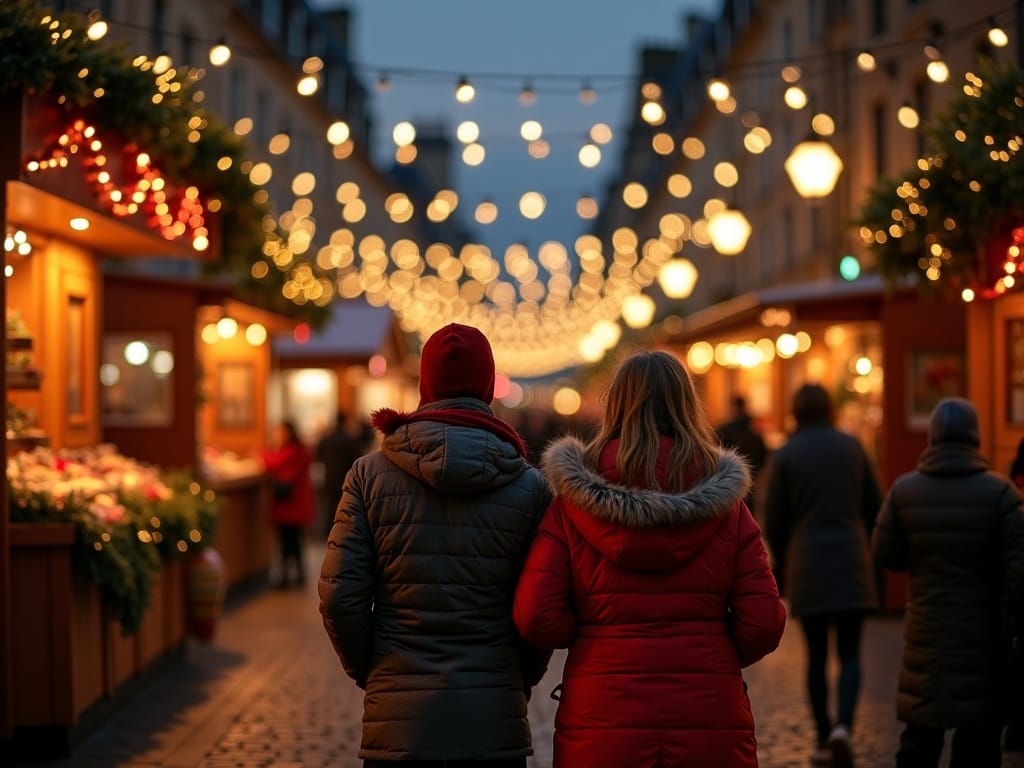 Vlaamse familie wandelt over Londense kerstmarkt met lichtjes