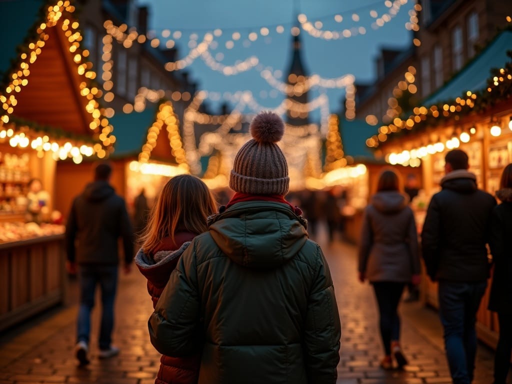 Vlaamse familie geniet van kerstmarkt in het Verenigd Koninkrijk met avondverlichting
