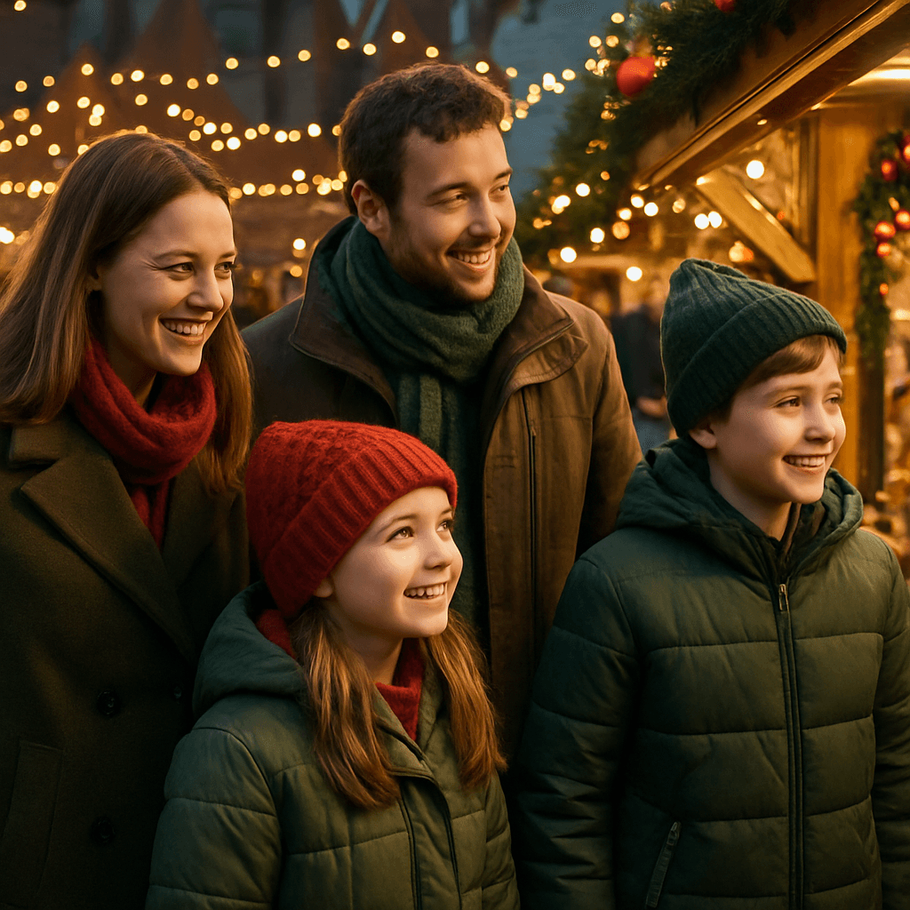 Vlaamse familie aan het genieten op een sfeervolle Britse kerstmarkt in de avond