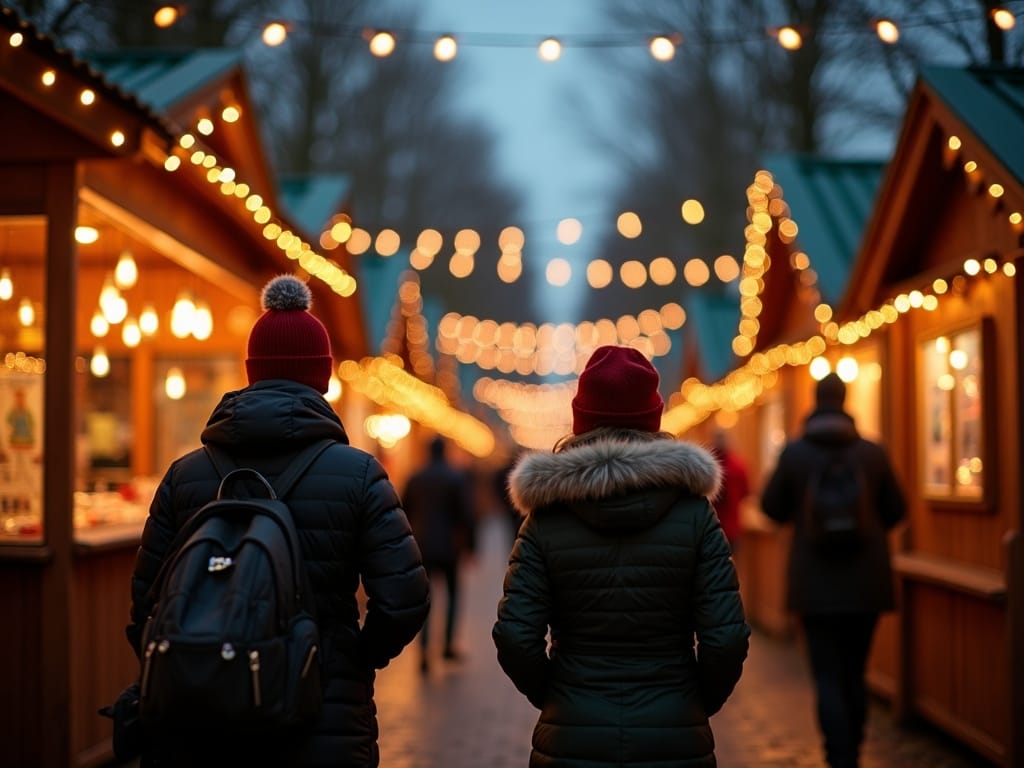 Gezin wandelt op een Londense kerstmarkt met fonkelende lichtjes in de avond