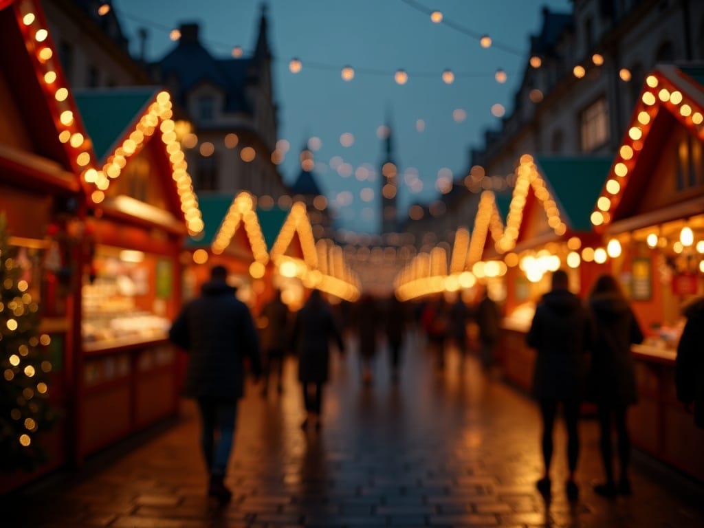 Vlaamse familie bezoekt een feestelijke kerstmarkt in het VK met avondverlichting en kleurrijke kraampjes