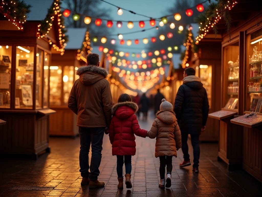 Gezin bezoekt kerstmarkt in Londen met feestverlichting en kraampjes