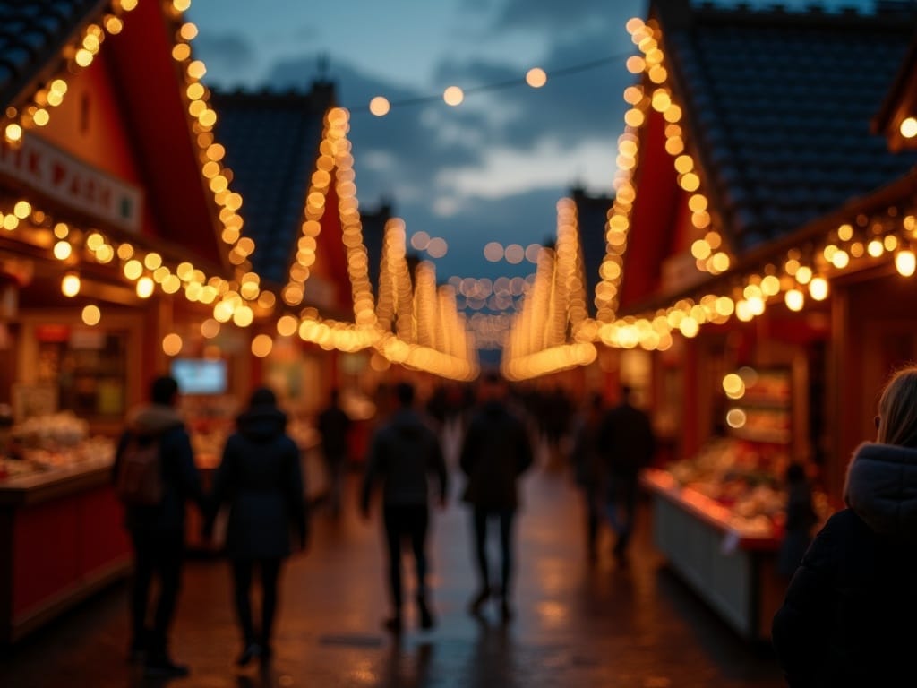 Vlaamse familie bezoekt kerstmarkt in het VK met lichtjes en decoratie in de avond