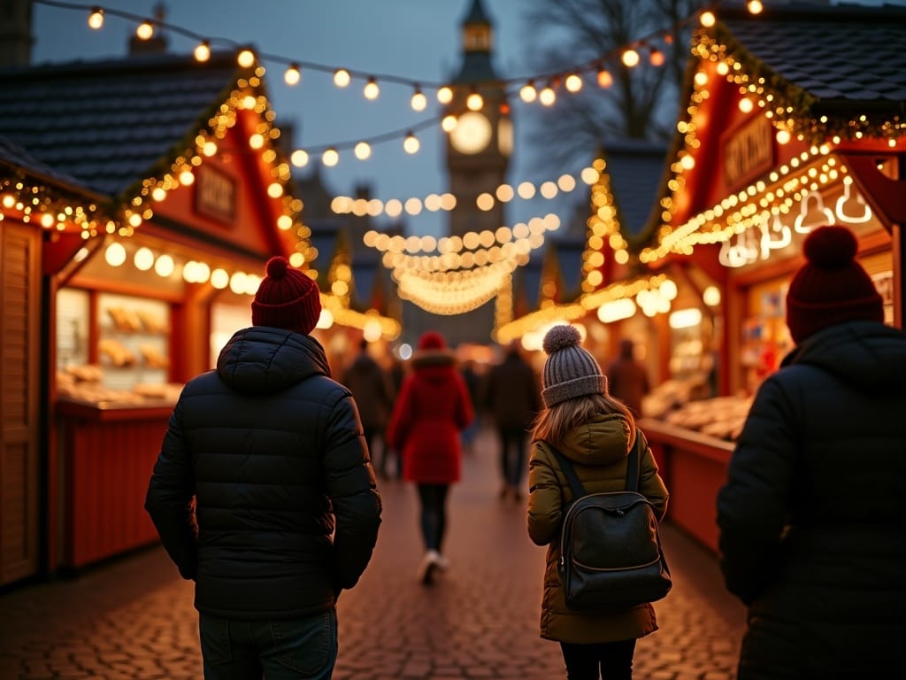 Vlaamse familie op kerstmarkt in Londen met feestverlichting