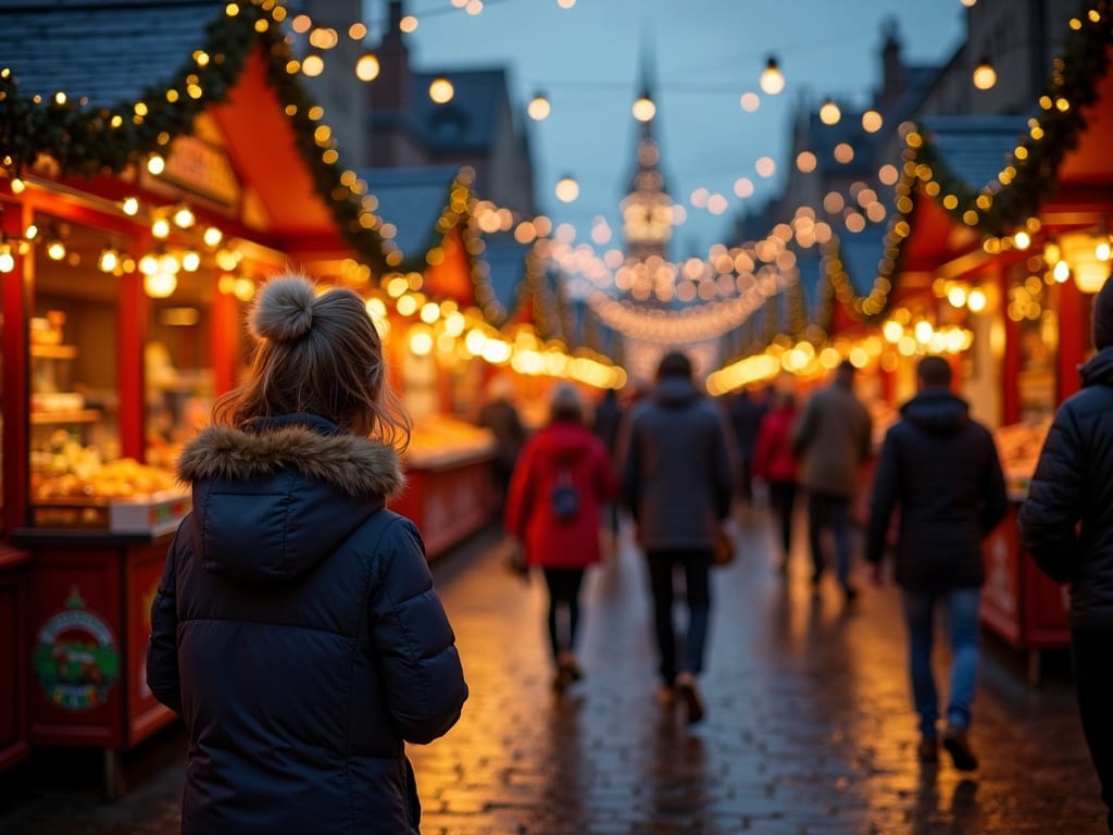 Gezin geniet samen van sfeervolle Britse kerstmarkt met lichtjes