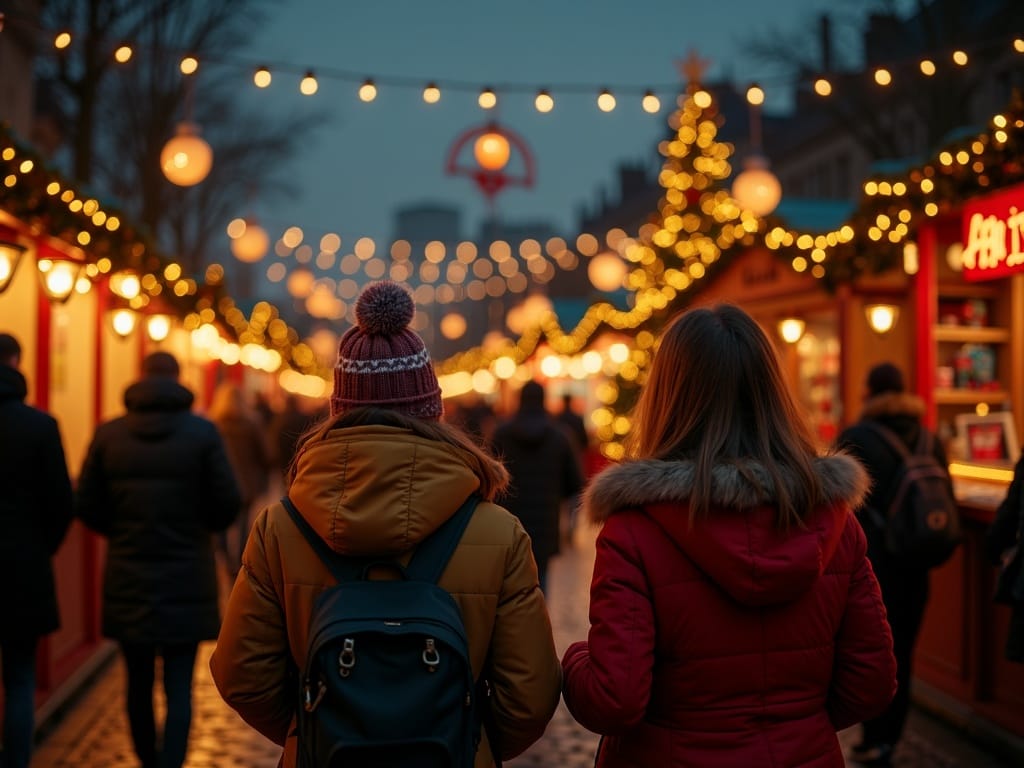 Vlaamse familie bezoekt kerstmarkt in Londen met sfeervolle avondverlichting
