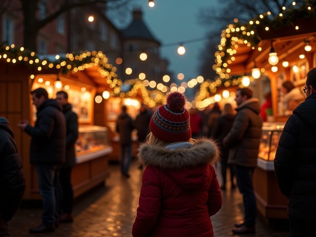 Gezin wandelt over een sfeervolle kerstmarkt in het VK met lichtjes en kraampjes