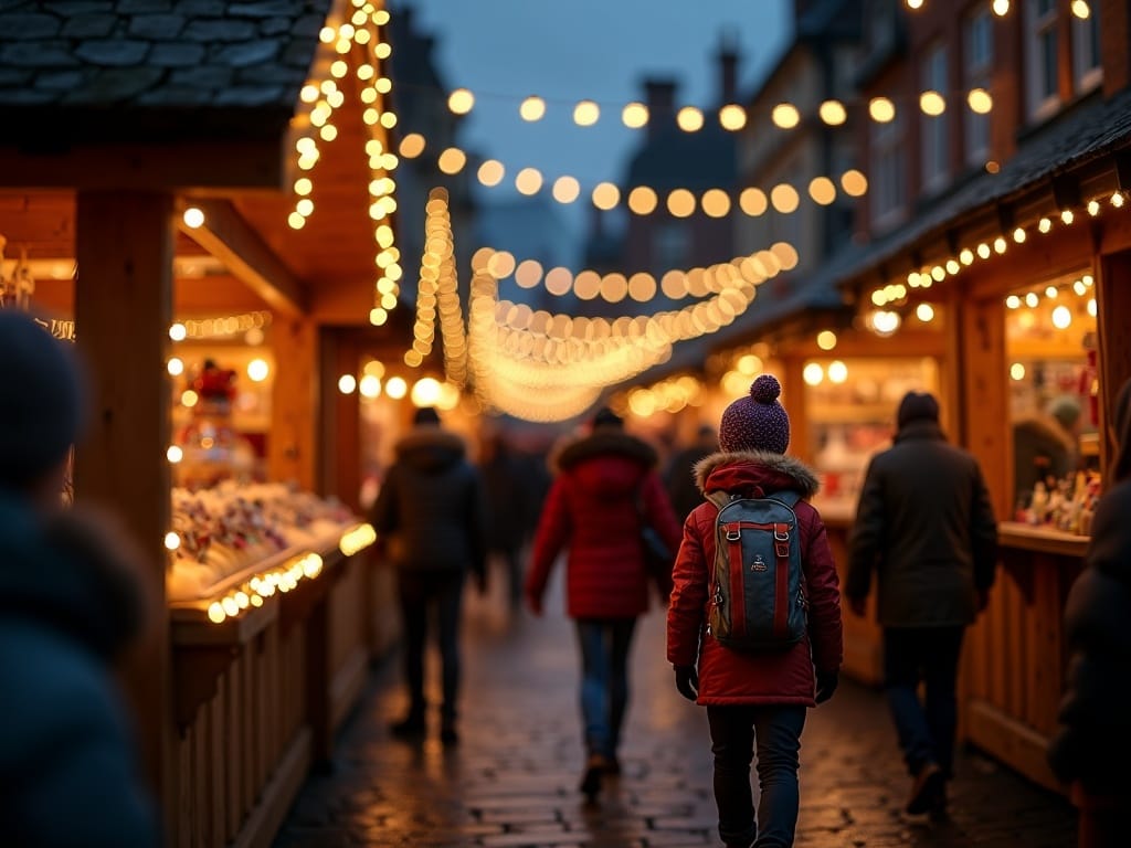 Gezin bezoekt een sfeervolle Britse kerstmarkt met lichtjes in de avond