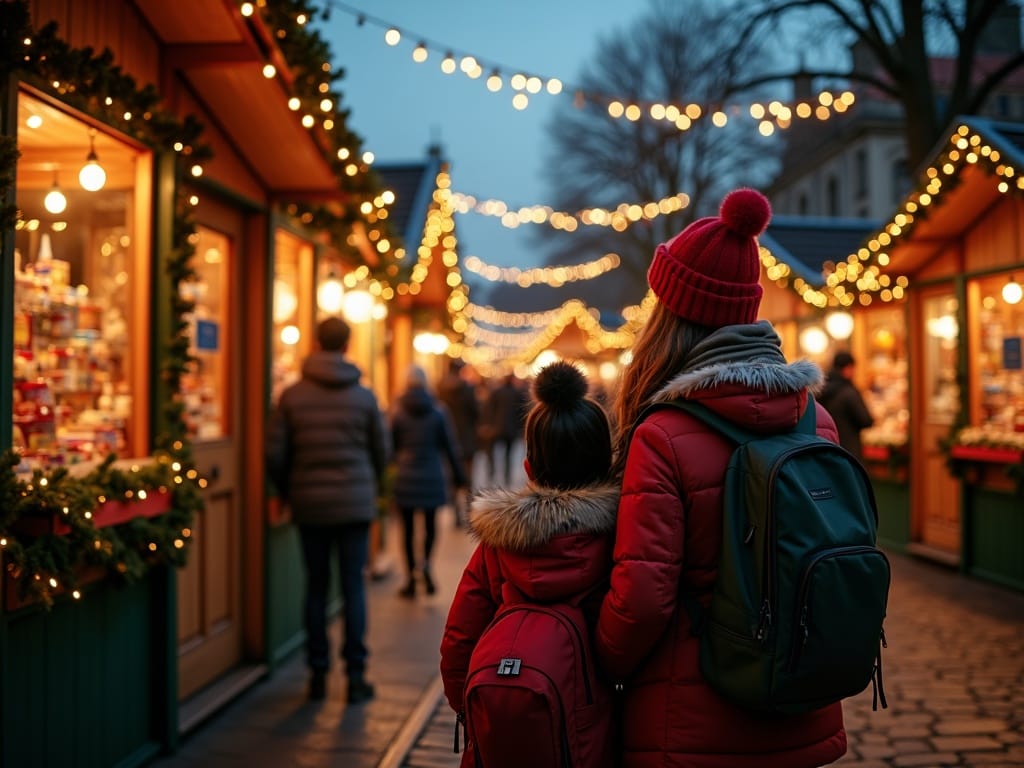 Vlaamse familie bezoekt kerstmarkt in het VK onder feestelijke avondverlichting