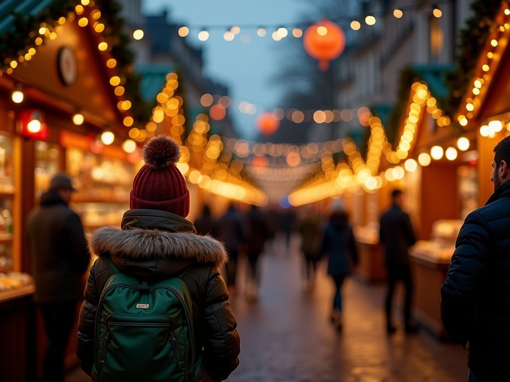 Vlaams gezin bezoekt een kerstmarkt in Londen bij avondlicht met feestelijke decoratie