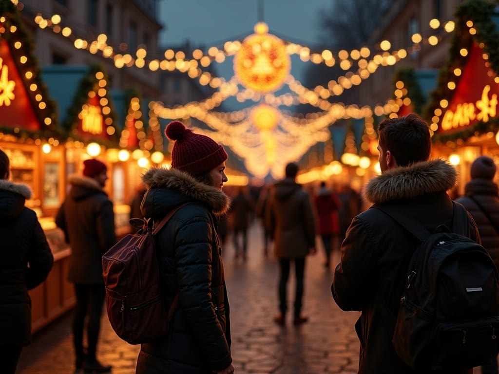 Vlaams gezin op Britse kerstmarkt met feestverlichting en kerstdecoratie