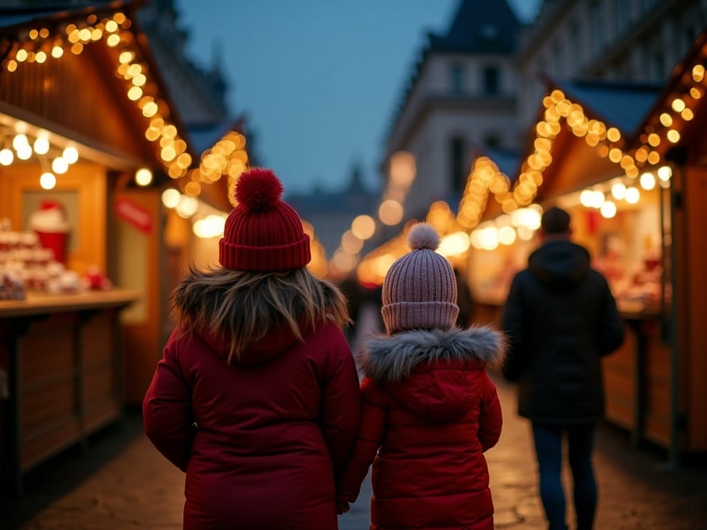 Gezin wandelt over een verlichte kerstmarkt in Londen met feestelijke decoratie