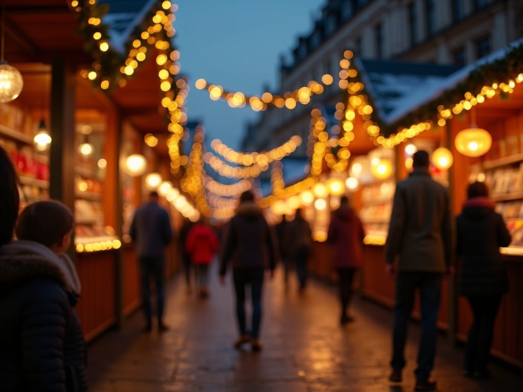 Vlaams gezin geniet van de kerstmarkt in het VK bij avondlicht