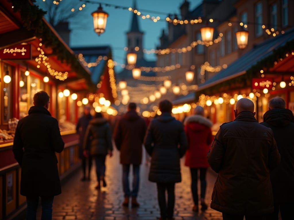 Vlaams gezin bezoekt kerstmarkt in Engeland bij avondlicht